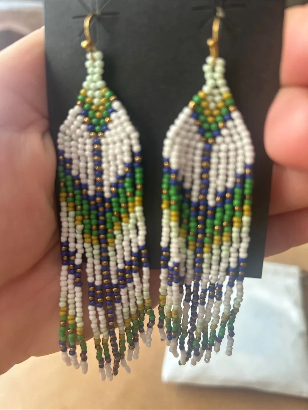 Handmade Myra White, Blue & Green Seed Bead Fringe Earrings